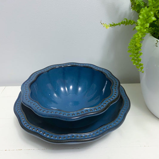 Roscher & Co. Blue Stoneware Hobbnail Bowls - Set of 2 - Classic & Kitsch